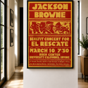 Jackson Browne 1987 El Rescate benefit concert poster for the Bren Center at UC Irvine California, featuring bold red and yellow folk-style artwork.