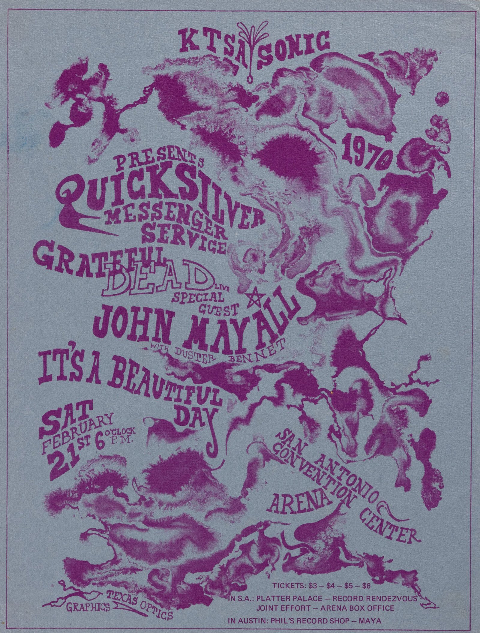 Grateful Dead 1970 San Antonio Texas psychedelic concert handbill featuring Quicksilver Messenger Service, John Mayall and It’s a Beautiful Day.