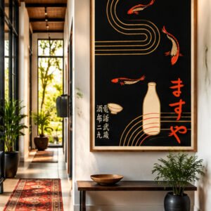 Vintage Japanese Koi Poster – Sake Bottle Print, Traditional Japan Wall Art