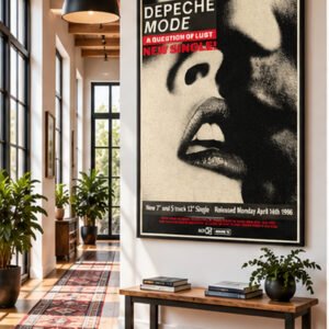 Depeche Mode A Question of Lust 1986 Mute Records promotional poster with monochrome close-up portrait and red typography.
