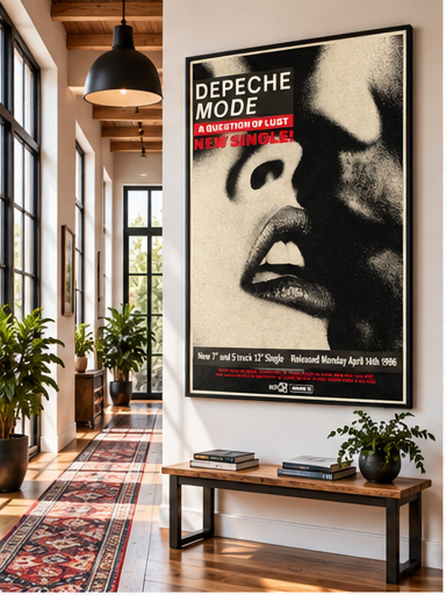 Depeche Mode A Question of Lust 1986 Mute Records promotional poster with monochrome close-up portrait and red typography.