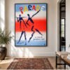 Vintage French Parade film poster for Jacques Tati's 1974 movie featuring abstract blue circus performers, colourful hand-drawn title lettering and red, white and blue graphics.