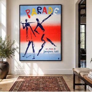 Vintage French Parade film poster for Jacques Tati's 1974 movie featuring abstract blue circus performers, colourful hand-drawn title lettering and red, white and blue graphics.