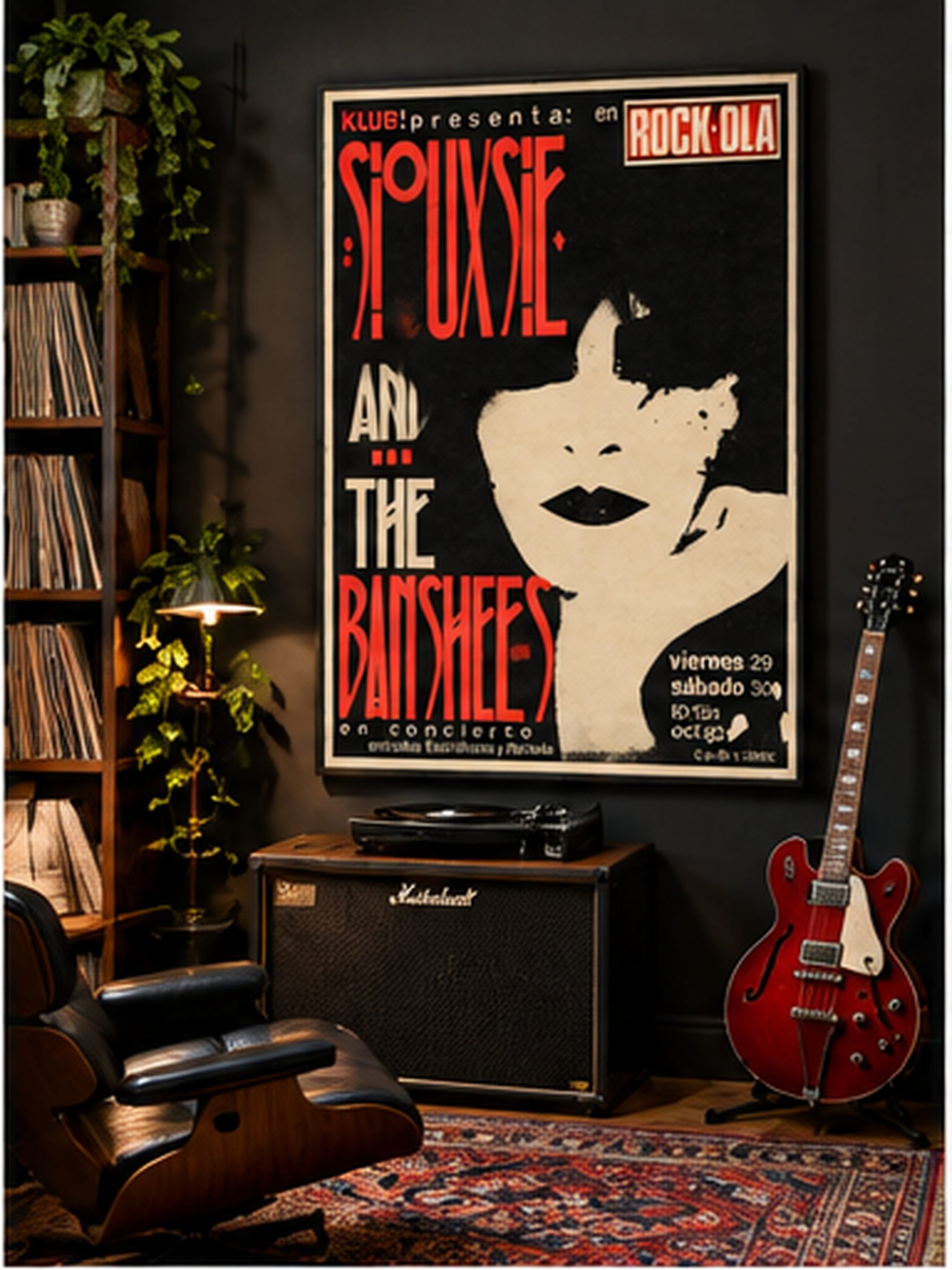 Siouxsie and the Banshees 1982 Rock-Ola Madrid concert poster with black cream and red post-punk artwork.