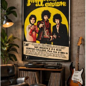 Jimi Hendrix Experience 1968 Hunter College New York concert poster with Noel Redding and Mitch Mitchell in yellow black and red artwork.