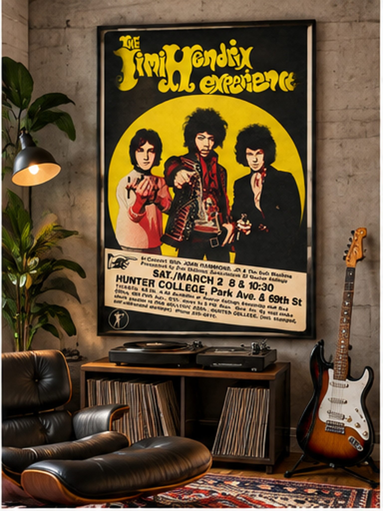 Jimi Hendrix Experience 1968 Hunter College New York concert poster with Noel Redding and Mitch Mitchell in yellow black and red artwork.