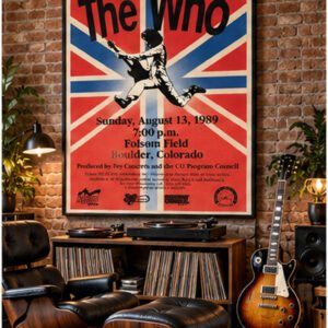 The Who 1989 Folsom Field Boulder Colorado concert poster with Union Jack background and guitarist silhouette.