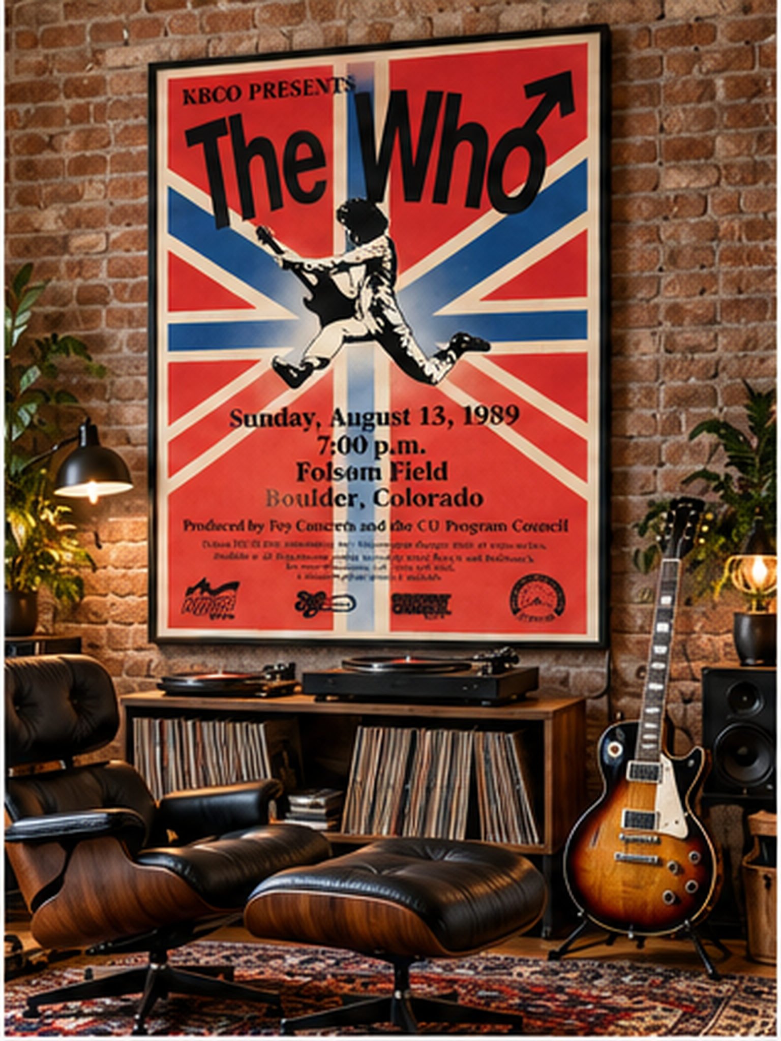 The Who 1989 Folsom Field Boulder Colorado concert poster with Union Jack background and guitarist silhouette.