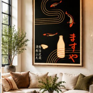 Vintage Japanese Koi Poster – Sake Bottle Print, Traditional Japan Wall Art