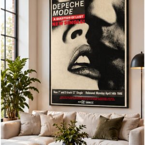 Depeche Mode A Question of Lust 1986 Mute Records promotional poster with monochrome close-up portrait and red typography.