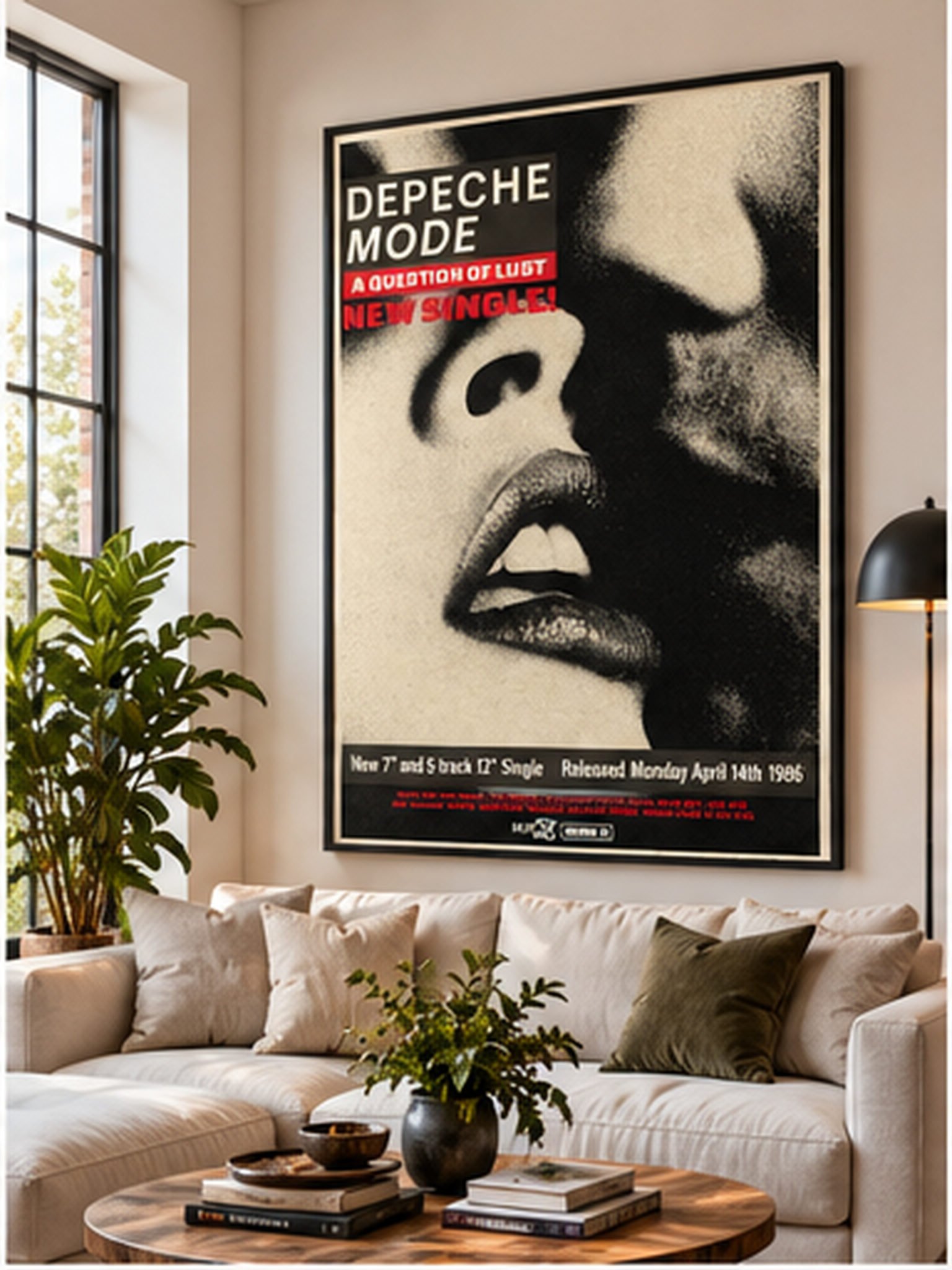Depeche Mode A Question of Lust 1986 Mute Records promotional poster with monochrome close-up portrait and red typography.