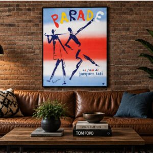 Vintage French Parade film poster for Jacques Tati's 1974 movie featuring abstract blue circus performers, colourful hand-drawn title lettering and red, white and blue graphics.