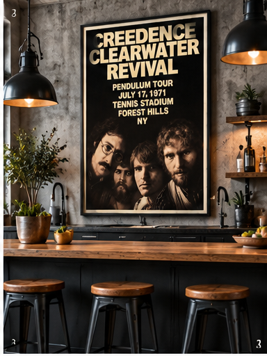 Creedence Clearwater Revival 1971 Pendulum Tour concert poster for Forest Hills Tennis Stadium New York.