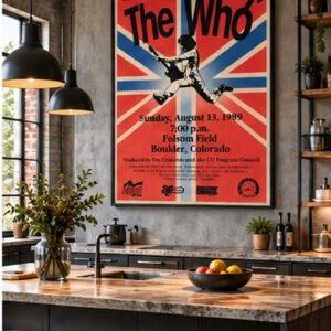 The Who 1989 Folsom Field Boulder Colorado concert poster with Union Jack background and guitarist silhouette.