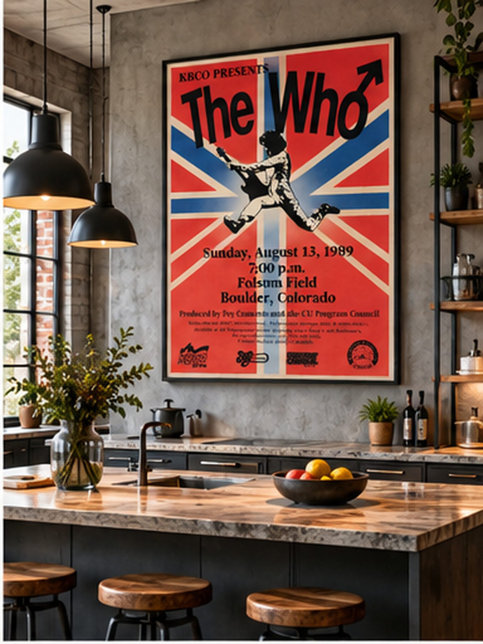 The Who 1989 Folsom Field Boulder Colorado concert poster with Union Jack background and guitarist silhouette.