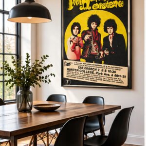 Jimi Hendrix Experience 1968 Hunter College New York concert poster with Noel Redding and Mitch Mitchell in yellow black and red artwork.