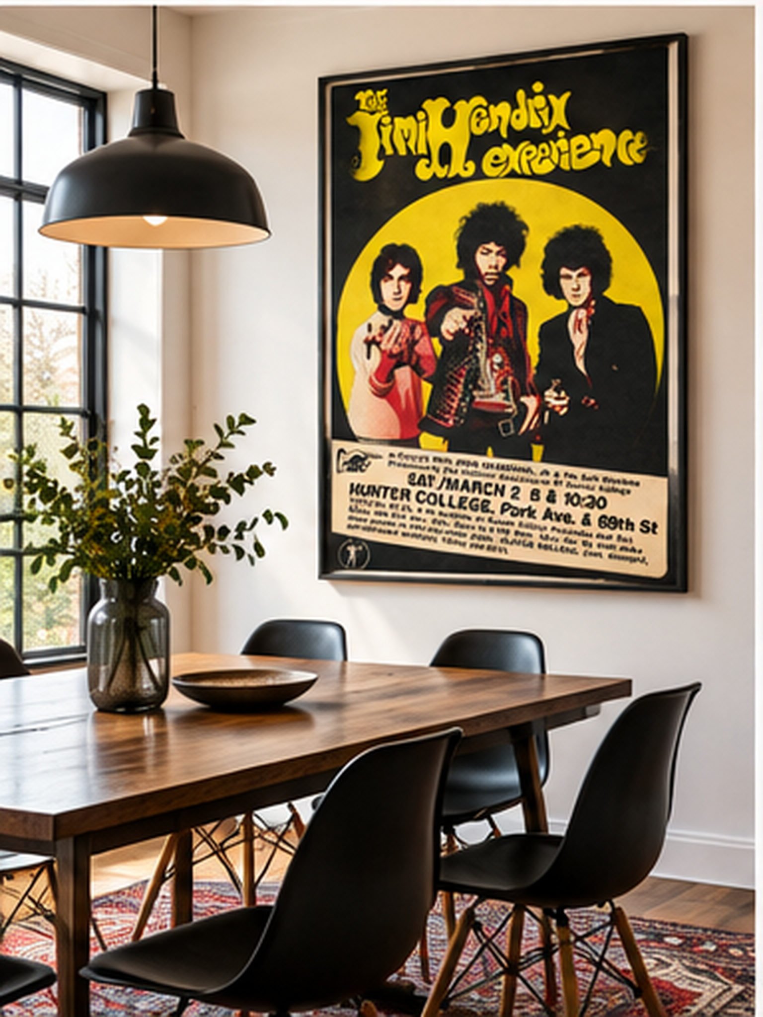 Jimi Hendrix Experience 1968 Hunter College New York concert poster with Noel Redding and Mitch Mitchell in yellow black and red artwork.