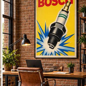 Vintage Bosch spark plug advertising poster with red Bosch lettering, yellow background and blue ignition spark graphic.
