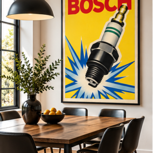 Vintage Bosch spark plug advertising poster with red Bosch lettering, yellow background and blue ignition spark graphic.