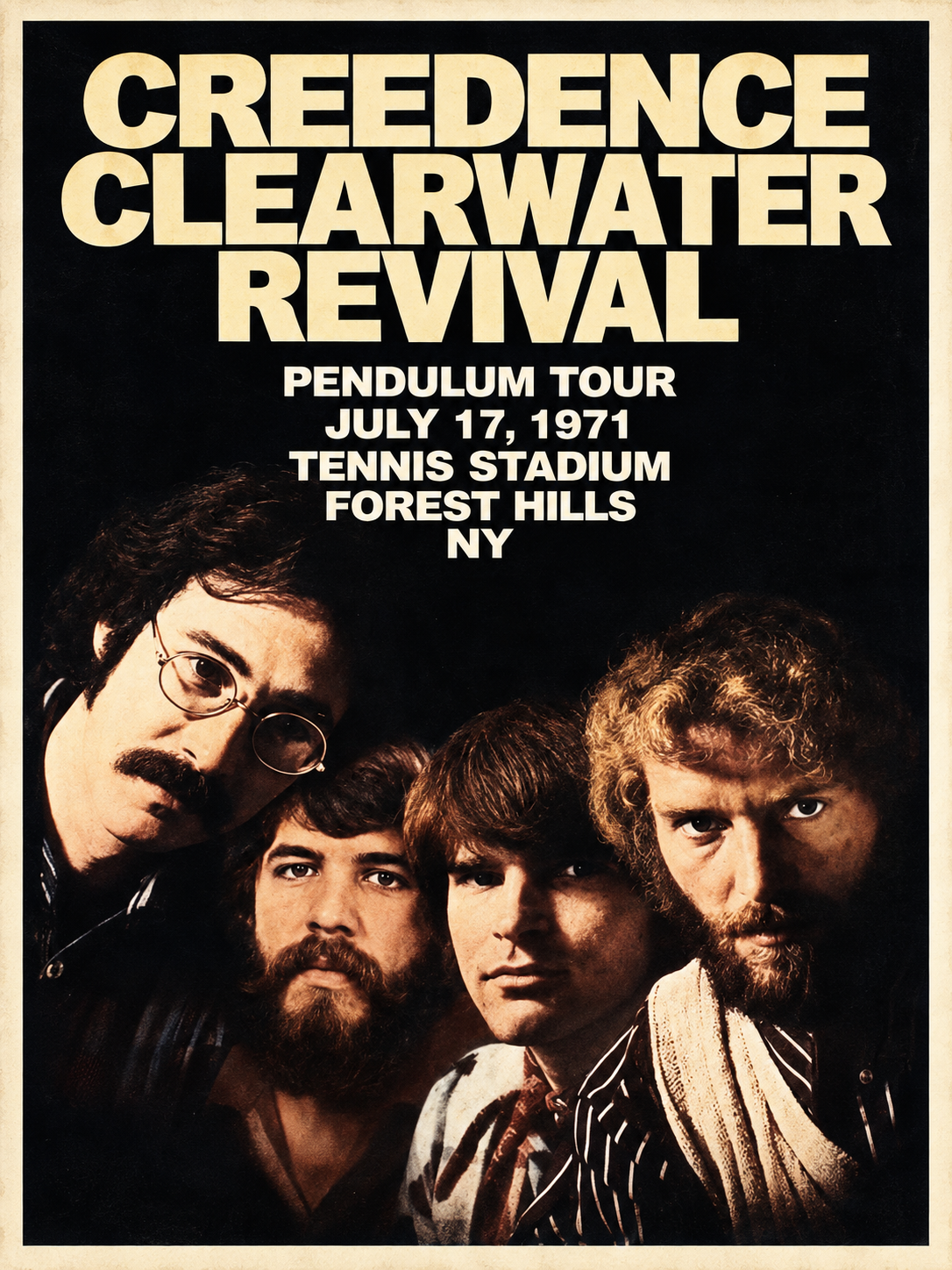Creedence Clearwater Revival 1971 Pendulum Tour concert poster for Forest Hills Tennis Stadium New York.