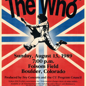 The Who 1989 Folsom Field Boulder Colorado concert poster with Union Jack background and guitarist silhouette.