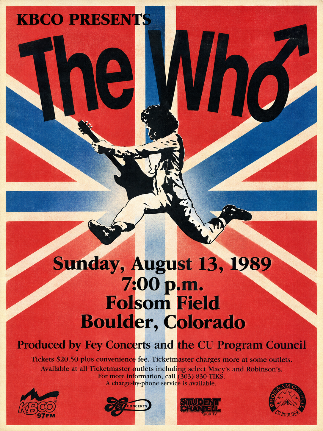 The Who 1989 Folsom Field Boulder Colorado concert poster with Union Jack background and guitarist silhouette.