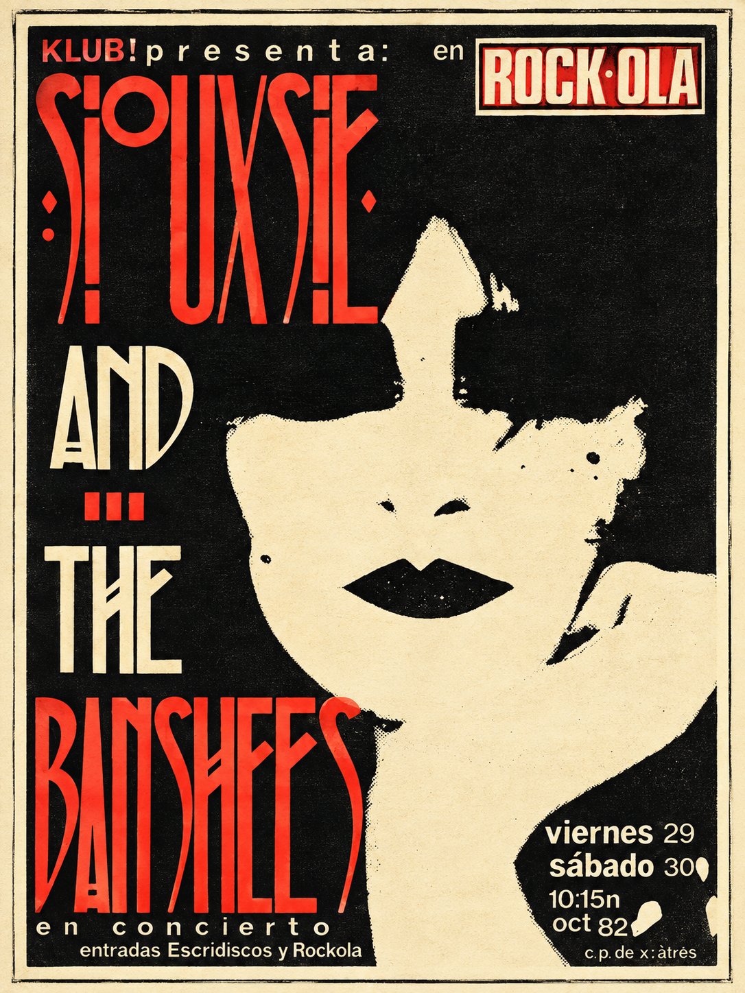 Siouxsie and the Banshees 1982 Rock-Ola Madrid concert poster with black cream and red post-punk artwork.