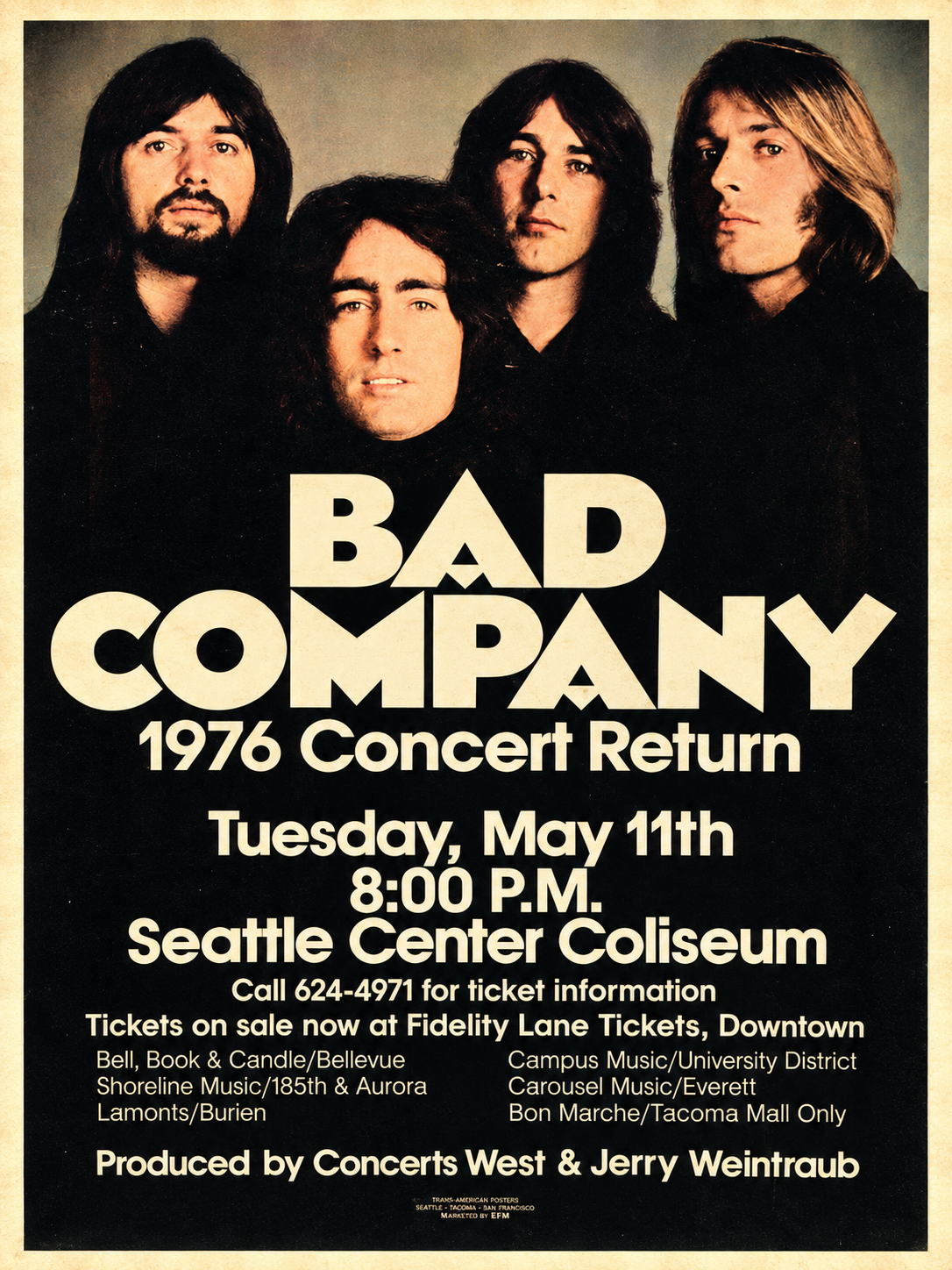 Bad Company 1976 Seattle Concert Poster – Seattle Center Coliseum