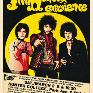 Jimi Hendrix Experience 1968 Hunter College New York concert poster with Noel Redding and Mitch Mitchell in yellow black and red artwork.