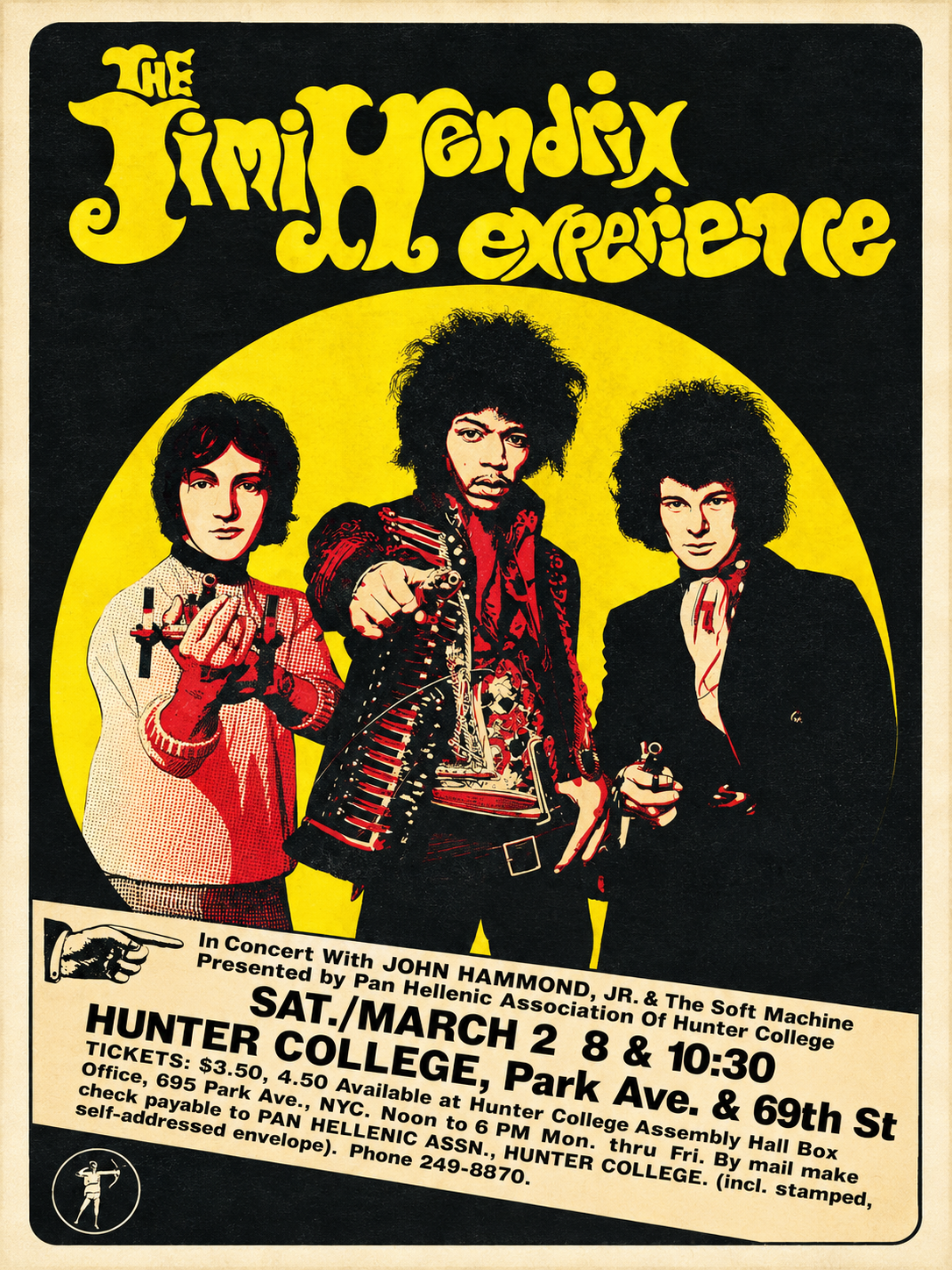 Jimi Hendrix Experience 1968 Hunter College New York concert poster with Noel Redding and Mitch Mitchell in yellow black and red artwork.