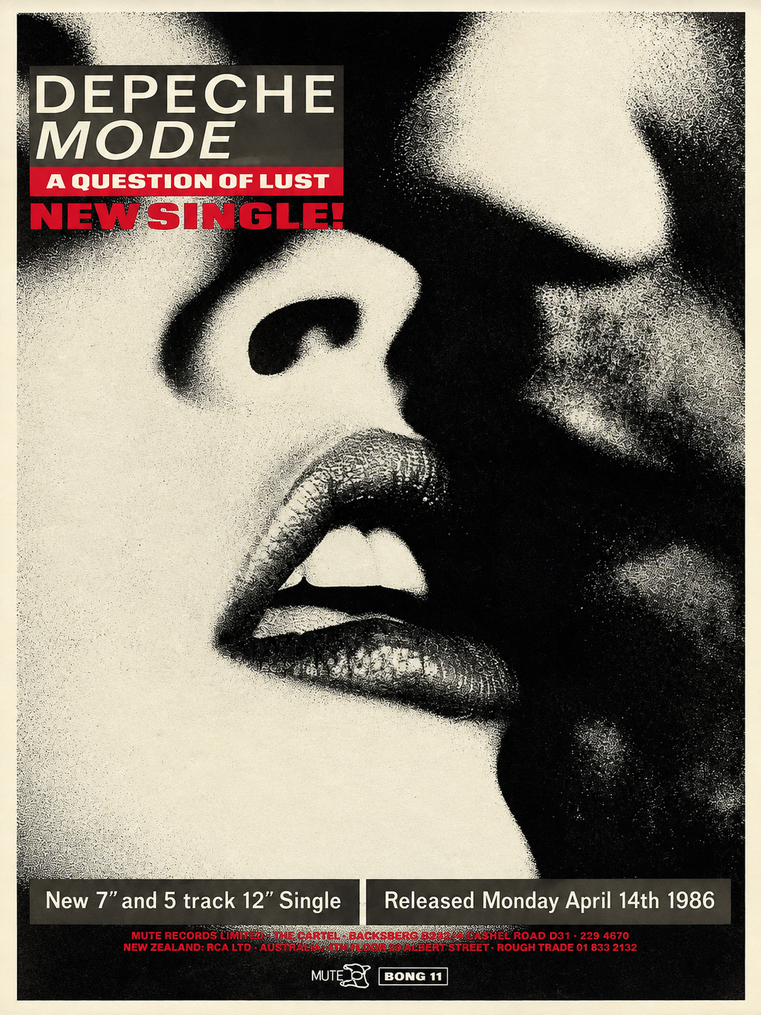 Depeche Mode A Question of Lust 1986 Mute Records promotional poster with monochrome close-up portrait and red typography.