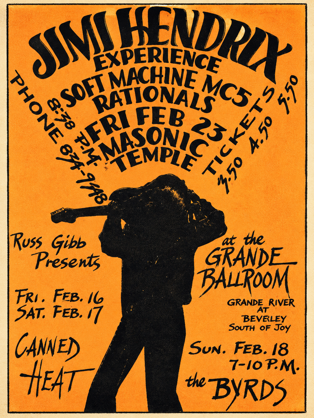 Jimi Hendrix Experience 1968 Detroit concert handbill advertising Soft Machine, MC5, The Rationals, Canned Heat and The Byrds.
