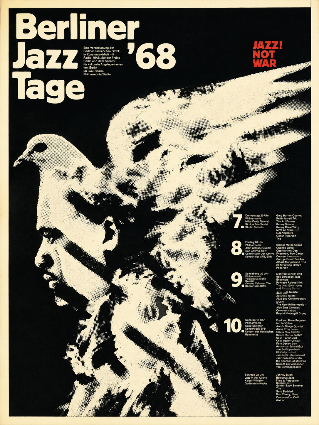 Berliner Jazztage 1968 Berlin jazz festival poster with modernist black and cream musician collage and Jazz Not War slogan.