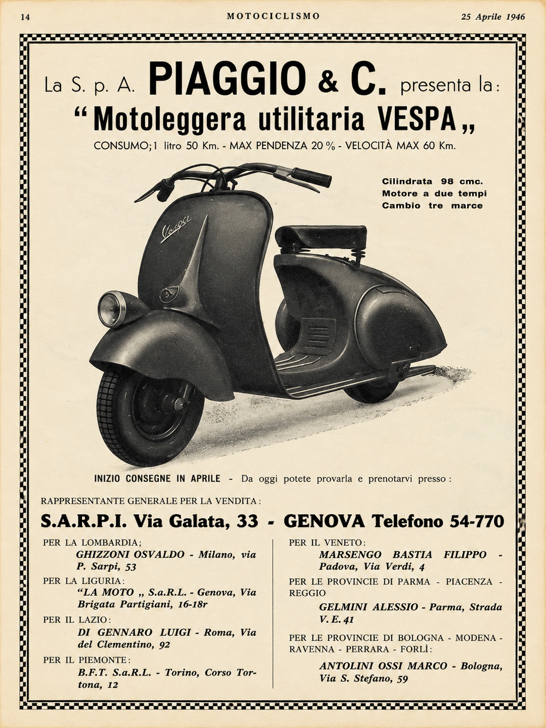 Piaggio Vespa 1946 – Historic 98cc Italian Scooter Advertisement