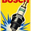 Vintage Bosch spark plug advertising poster with red Bosch lettering, yellow background and blue ignition spark graphic.