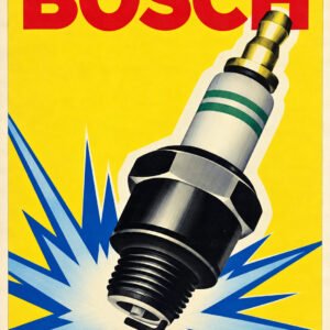 Vintage Bosch spark plug advertising poster with red Bosch lettering, yellow background and blue ignition spark graphic.