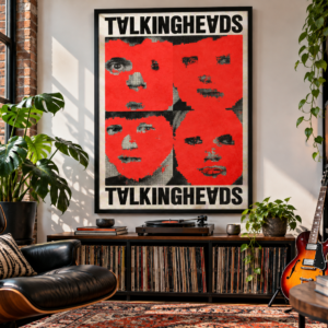 Talking Heads Once in a Lifetime 1980 music poster with red and black fragmented facial artwork and bold Talking Heads lettering.
