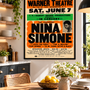 Vintage Nina Simone Warner Theatre concert poster featuring bold black lettering, an orange background, green promotional panel and portrait of the jazz singer.