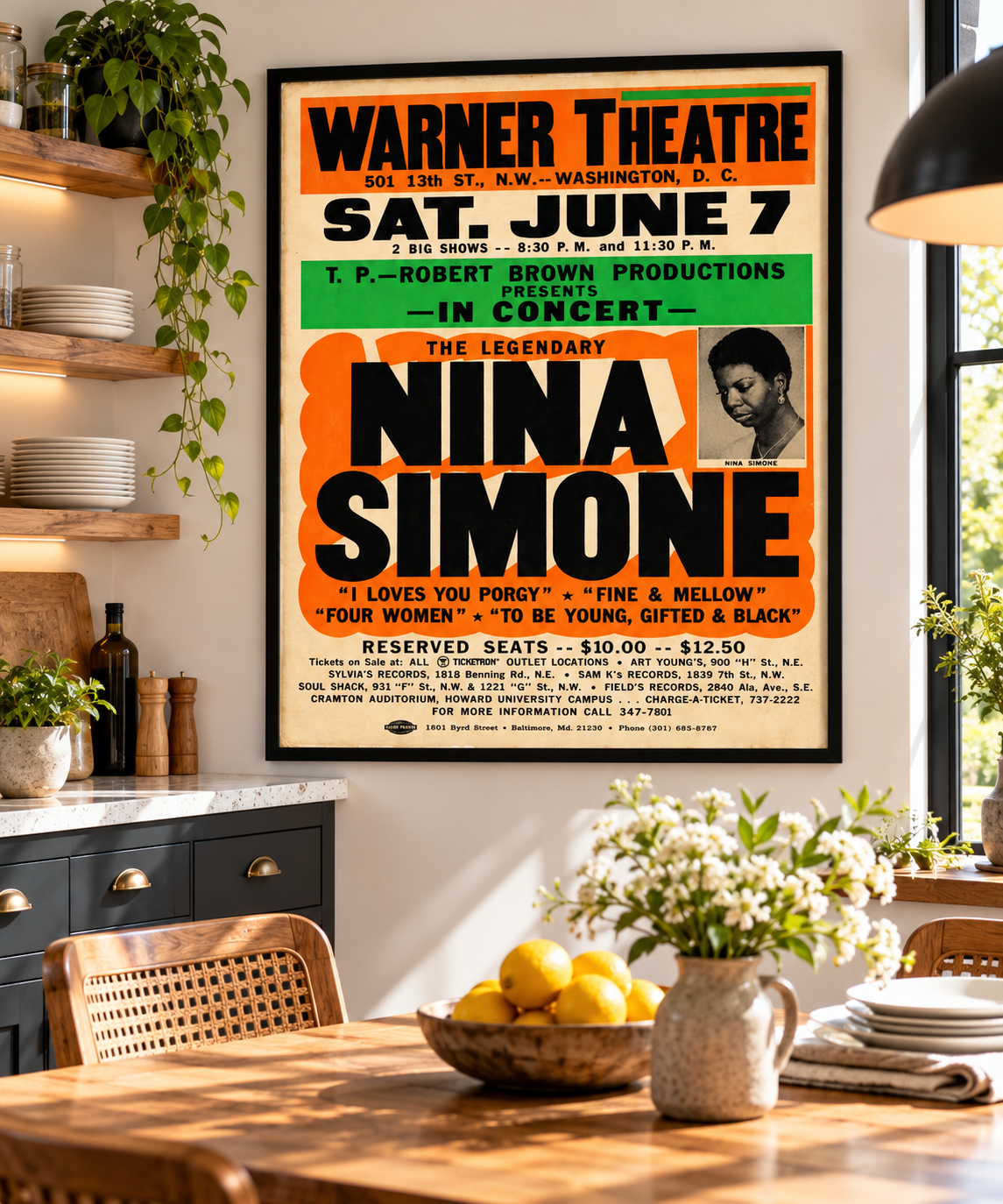 Vintage Nina Simone Warner Theatre concert poster featuring bold black lettering, an orange background, green promotional panel and portrait of the jazz singer.