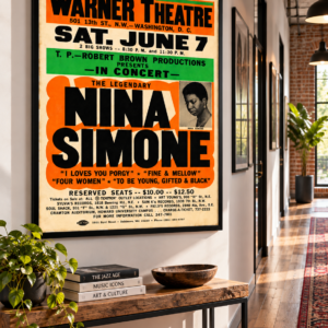 Nina Simone live concert poster for Warner Theatre in Washington DC, advertising two Saturday June 7 performances and classic jazz and soul songs.