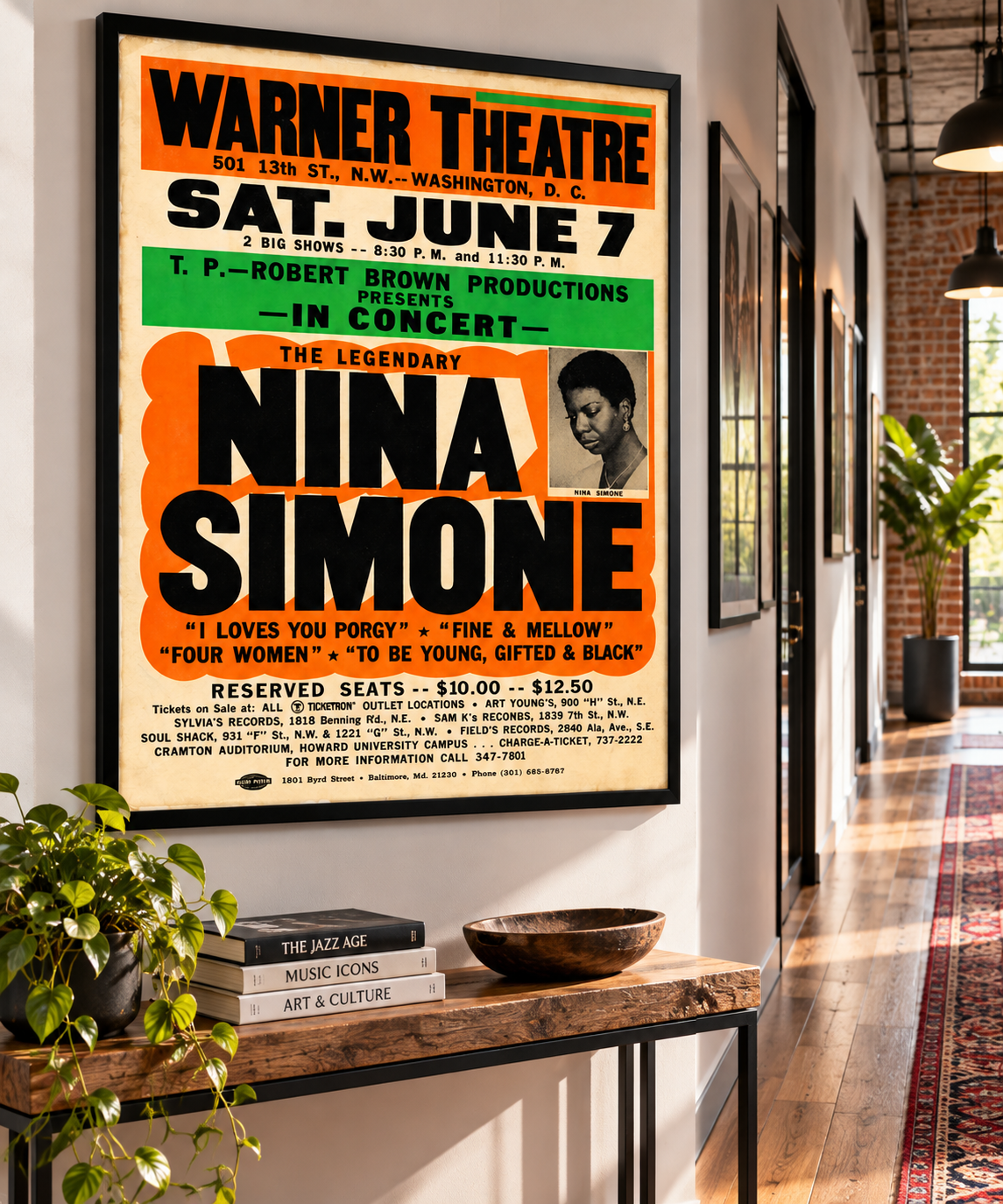 Nina Simone live concert poster for Warner Theatre in Washington DC, advertising two Saturday June 7 performances and classic jazz and soul songs.