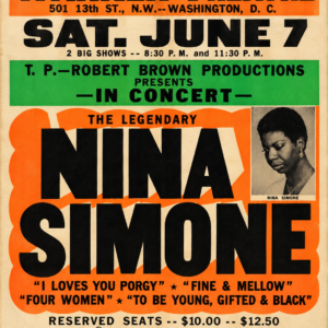 Nina Simone live concert poster for Warner Theatre in Washington DC, advertising two Saturday June 7 performances and classic jazz and soul songs.