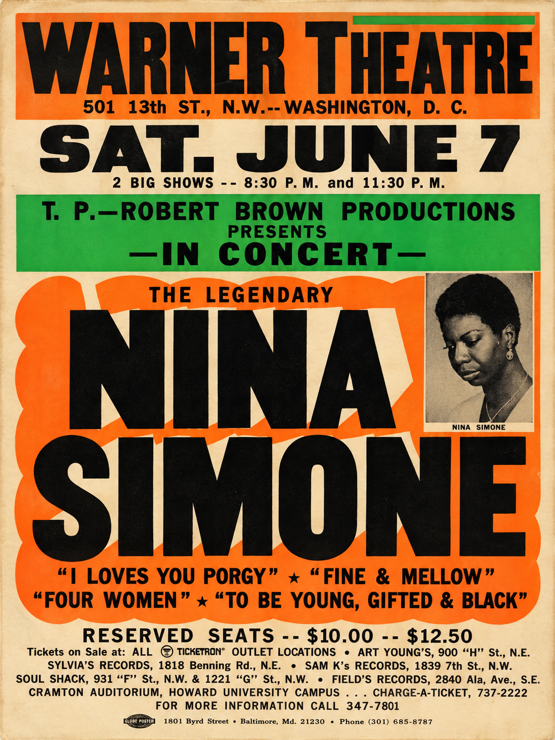 Nina Simone live concert poster for Warner Theatre in Washington DC, advertising two Saturday June 7 performances and classic jazz and soul songs.