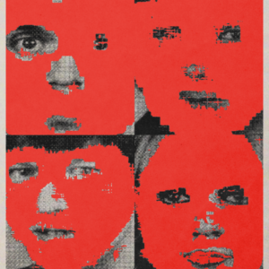 Talking Heads Once in a Lifetime 1980 music poster with red and black fragmented facial artwork and bold Talking Heads lettering.