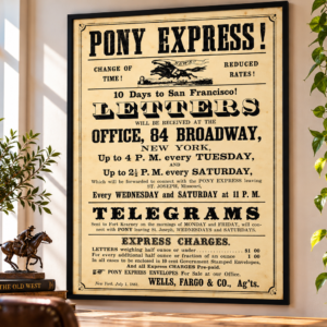 1861 Pony Express Wells Fargo advertising broadside announcing ten-day delivery to San Francisco, reduced rates and New York mail collection schedules.
