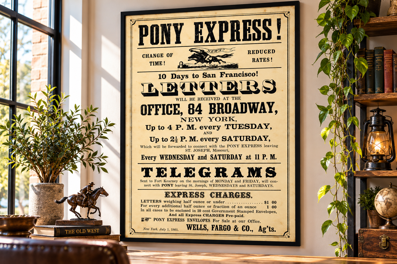 1861 Pony Express Wells Fargo advertising broadside announcing ten-day delivery to San Francisco, reduced rates and New York mail collection schedules.