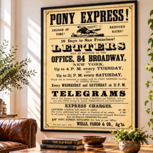 1861 Pony Express Wells Fargo advertising broadside announcing ten-day delivery to San Francisco, reduced rates and New York mail collection schedules.