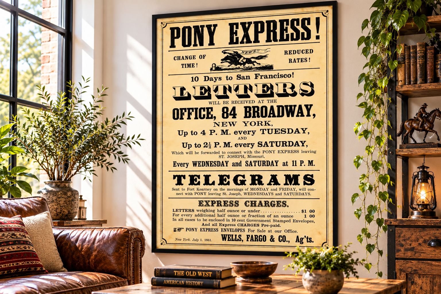 1861 Pony Express Wells Fargo advertising broadside announcing ten-day delivery to San Francisco, reduced rates and New York mail collection schedules.
