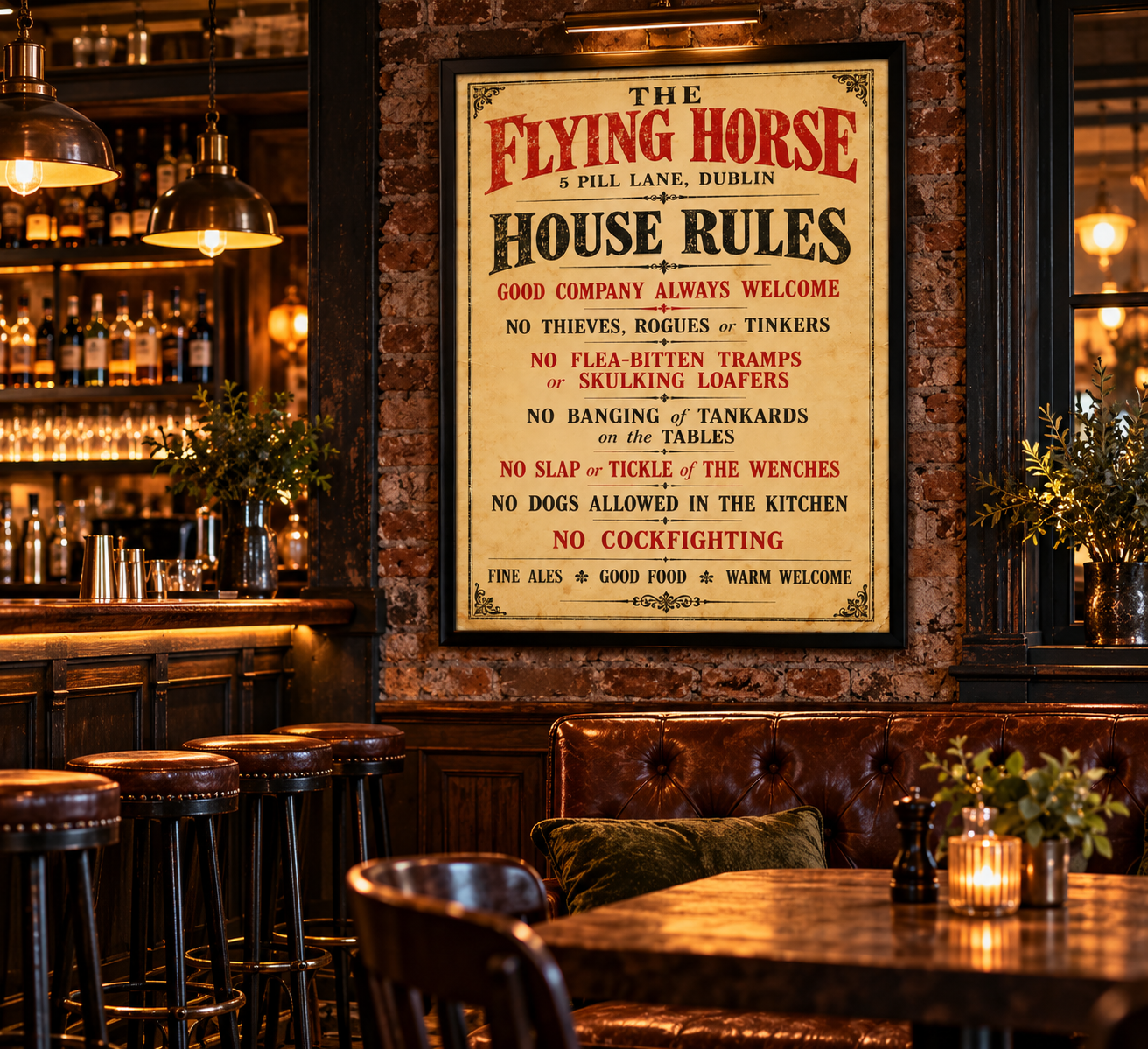 The Flying Horse Dublin – Vintage Style Irish Pub House Rules Poster