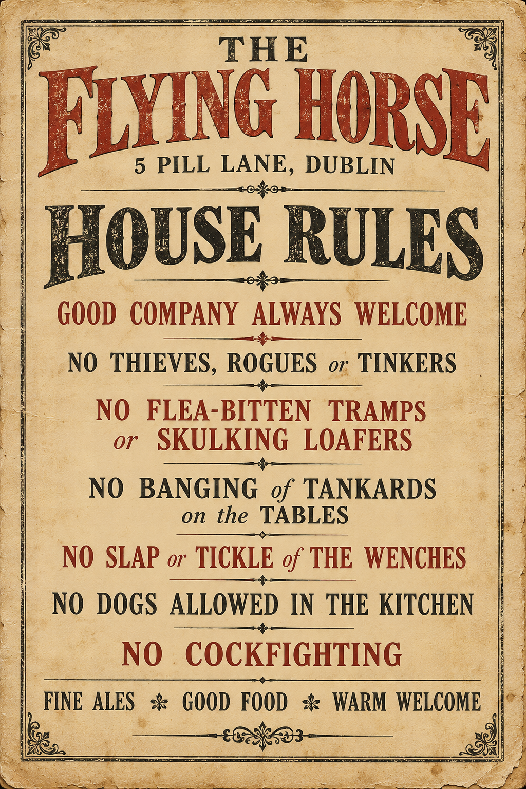 The Flying Horse Dublin – Vintage Style Irish Pub House Rules Poster